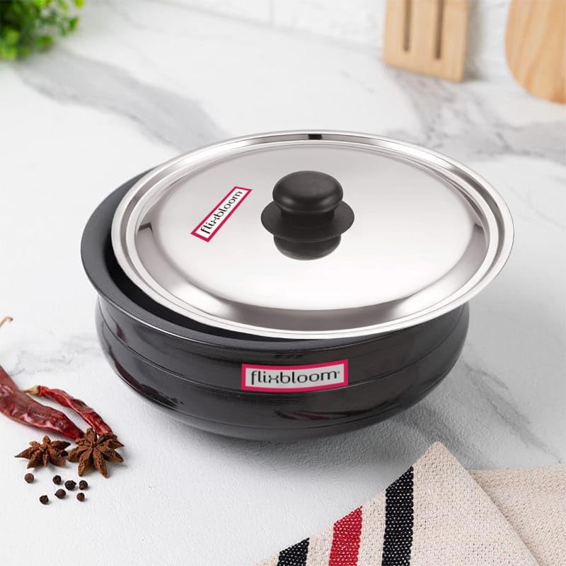 Image of Affluent Black 1 Litre Cookware with Lid Hard Anodised Induction Base /LPG Friendly Traditional Virgin Food Grade Aluminium Induction Base & Stovetop Compatible Urli /Uruli for Cooking
