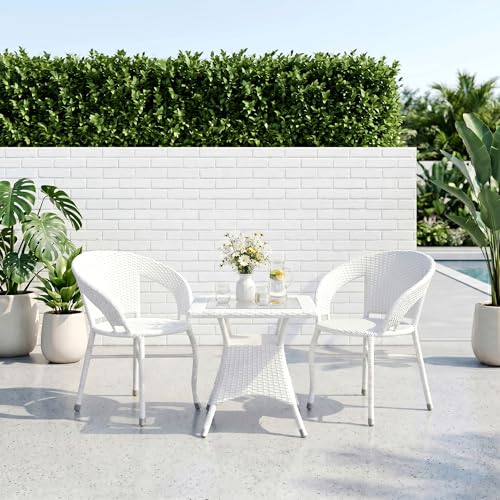 Image of BRISHI 3-Piece Outdoor Rattan Wicker Patio Square Coffee Table Set | Garden Furniture for Balcony, Terrace, Poolside & Porch | Waterproof Bistro Sets for Home & Backyard (White)