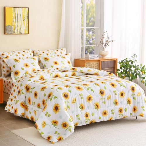 Image of lasoftan Floral Queen Comforter Set with Sheets, 7 piece Luxury Vintage Bedding, Soft Microfiber Bed in a Bag, Cozy Lightweight Bed Set, Lavender Flower Grey Leaf