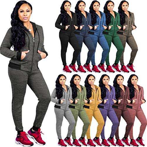 PINSV Women 2 Piece Jogging Outfits Joggers Hoodies Sweatsuits Sets Winter Workout Track Suits Green M - Thumbnail 4