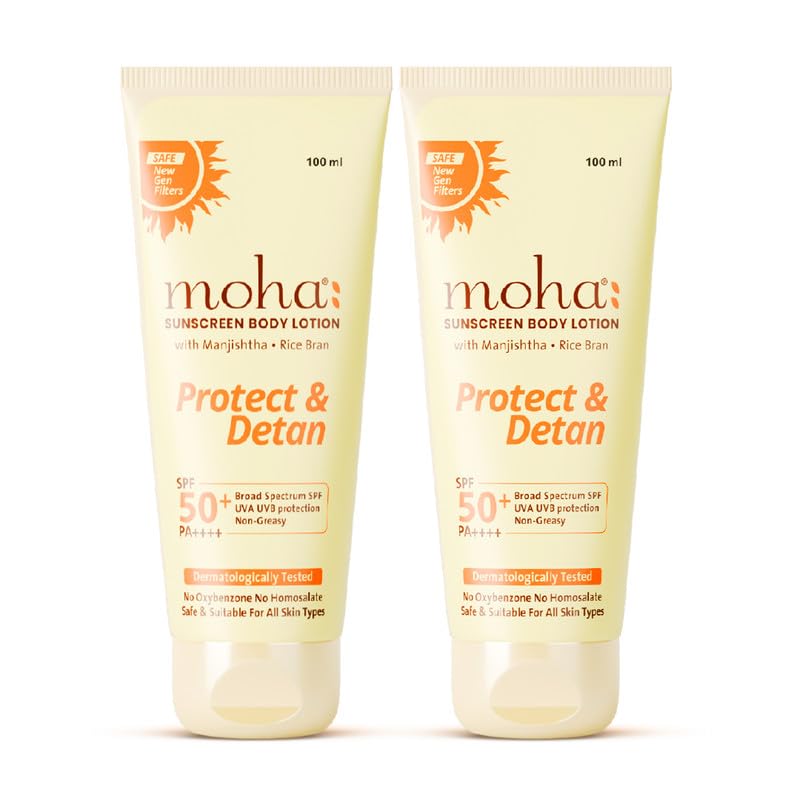 Moha Body Sunscreen SPF 50+ PA++++ 100ml Pack Of 2 | New-Gen Photostable UV Filters | Water & Sweat Resistant Sunscreen Lotion | Broad Spectrum Sunblock | Tan Protection | Lightweight Non-Sticky.