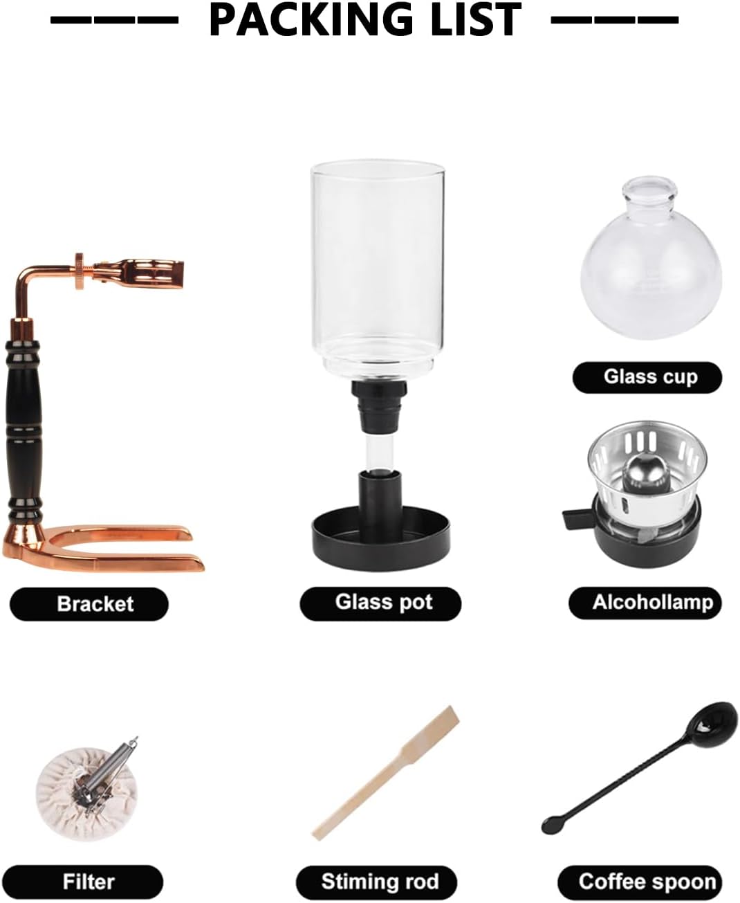 Portable Siphon Coffee Maker, Tabletop Glass Siphon Coffee Pot 5-Cup (600ml) with Alcohol Burner, Adjustable Buffer Clamp, Stainless Steel Bracket Base for Coffee Aficionados