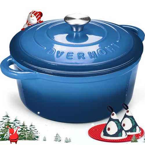 Overmont Schmortopf Gusseisen Topf 26cm - Emaille Bräter mit Deckel backofengeeignet - mit Kochbuch - für Küche Backen Schmoren Braten Blau