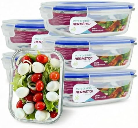 Kit 10 Potes de Vidro Hermético 640ml com Tampa e Travas – Anti Vazamento, Borossilicato, Para Marmita, Micro-ondas, Freezer e Geladeira - Livre de BPA