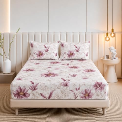 Image of Cotton Feel Glace Cotton Elastic Fitted Bedsheet Queen Size || Includes 1 Double Bed Elastic Bedsheet Queen Size with 2 Pillow Covers (60 inch x 78 inch Inches, BlissRose)