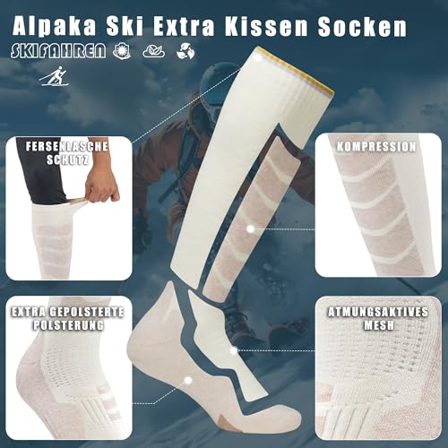 Alpaka Skisocken Herren Damen Thermosocken Kniestrümpfe 2 Paar Wolle Snowboard Socken Dicke Winter Warme Outdoor Sportsocken Kompressionsstrümpfe Extra Kissen Schweißabsorbierend Atmungsaktiv 35-51