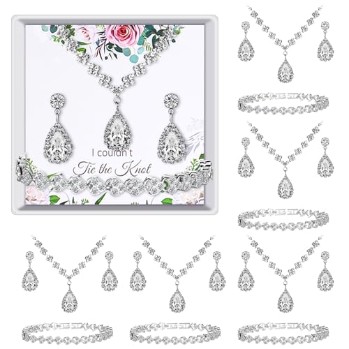 Remuuly 6 Pcs Bridesmaid Jewelry Sets for Wedding Rhinestone/Pearl Earrings Necklace Bracelet with Card for Wedding Proposal