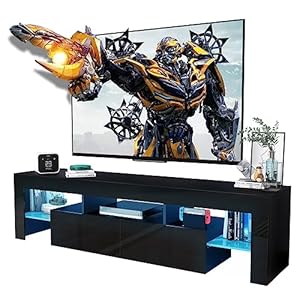 Black TV Stand, 60 65 70 75 inch Wood TV Stand, High Glossy Entertainment Center with Large Drawers&Glass Display Shelf, LED Modern Media Gaming Cabinet TV Console for Livingroom, Bedroom