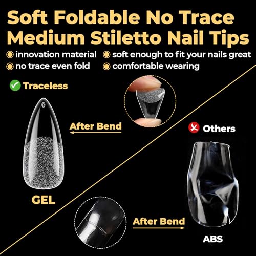 Image of UNA GELLA 600Pcs Medium Stiletto Gel Nail Tips, Pre Etched Medium Stiletto Press on Nails & Sharp Almond Shape Full Cover Soft Gel Nails Tips for Nail Extensions DIY Art Salon 12 Sizes at Home