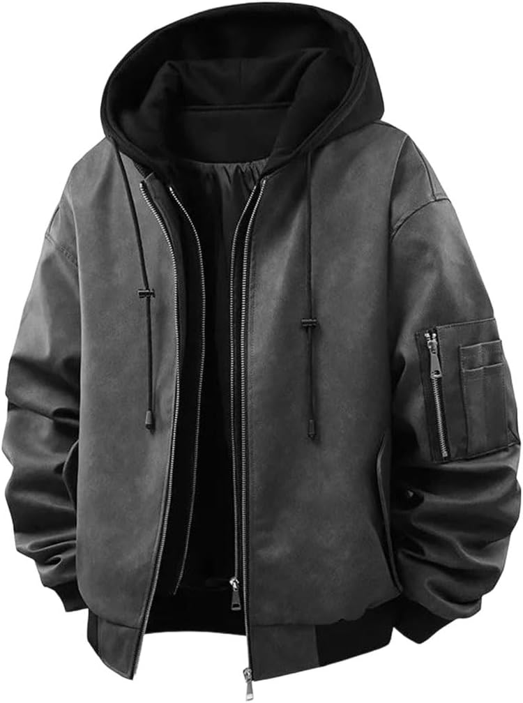 Mens Vintage Faux Leather Jacket Hooded Fake-Two Piece Windproof Bomber Coat
