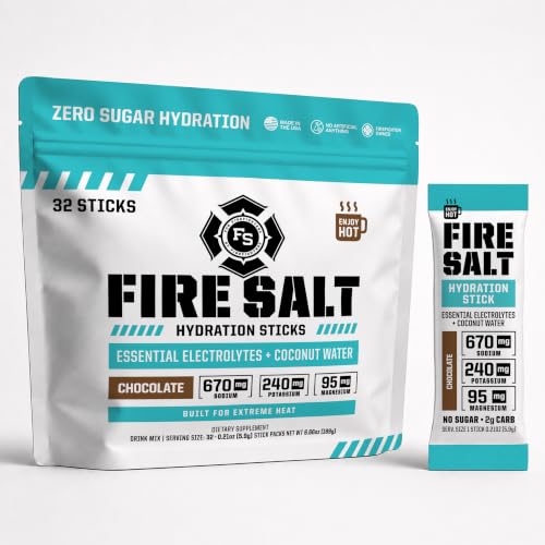 Image of Fire Salt Chocolate Electrolyte Hydration Sticks, Zero Sugar, 32 Count | Electrolytes & Coconut Water, Hydration Drink Mix with Magnesium, Potassium & Sodium, Single Serve On the Go Packs