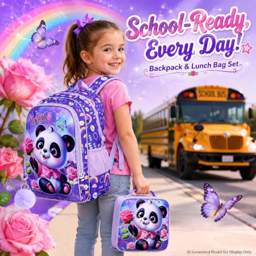 Image of AGSDON 3PCS Kids Backpack for Girls, 16 inch Kid Backpacks Panda Preschool for Elementary, Water Resistant Bookbag with Lunch Box