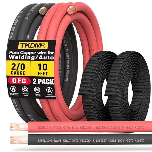 TKDMR 2/0 AWG Battery Cable - 10FT Red + 10FT Black Pure Copper OFC Welding Cable +20FT Braided Sleeving for Automotive Solar Marine Generator Use by DIY Enthusiasts