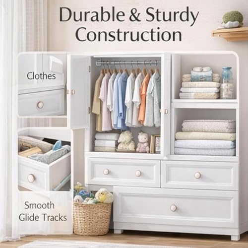 Image of HIWARE Premium Modular Wardrobe for Bedroom, Kids Room and Home | Spacious Clothes Storage Cabinet with Drawers and Shelves | Modern Stylish Design, Heavy Duty, Multiuse Organizer- European+White