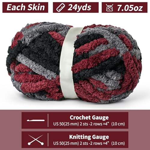 Image of 10 Pack Jumbo Chunky Yarn for Hand Knitting, Fluffy Chunky Chenille Yarn for Crocheting, Variegated Chunky Knit Baby Blanket Yarn, 240 yds /70.5 oz Super Bulky Yarn(Gray-Black-Red)