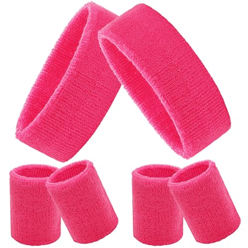 Avxdbr 6Pcs Sweatbands Set 80s 90s Neon Sports Headbands Wristband Set for Men Women Tennis Sweat Bands Wristbands for Sports Gym Cosplay Party (Hot Pink One Size)