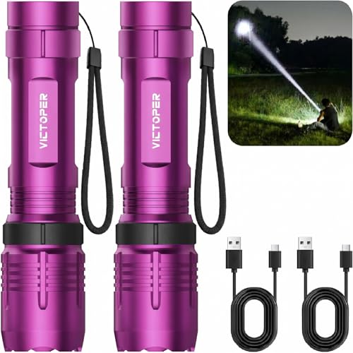 Image of Victoper Pink Rechargeabe Flashlight 2 Pack, High Lumens 5 Modes LED Bright Tactical Flashlights, Waterproof Zoomable Flash Light for Outdoor, Gifts for Camping Essentials Gear