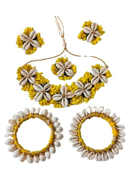 CIYA PLUS Cowrie Shell Yellow and White Flower Jewellery, Necklac with Maang Tika and Earrings, Bangles (2.5 inches) for Women and Girls. (B09R1TSY2S) Amazon Price History, Amazon Price Tracker