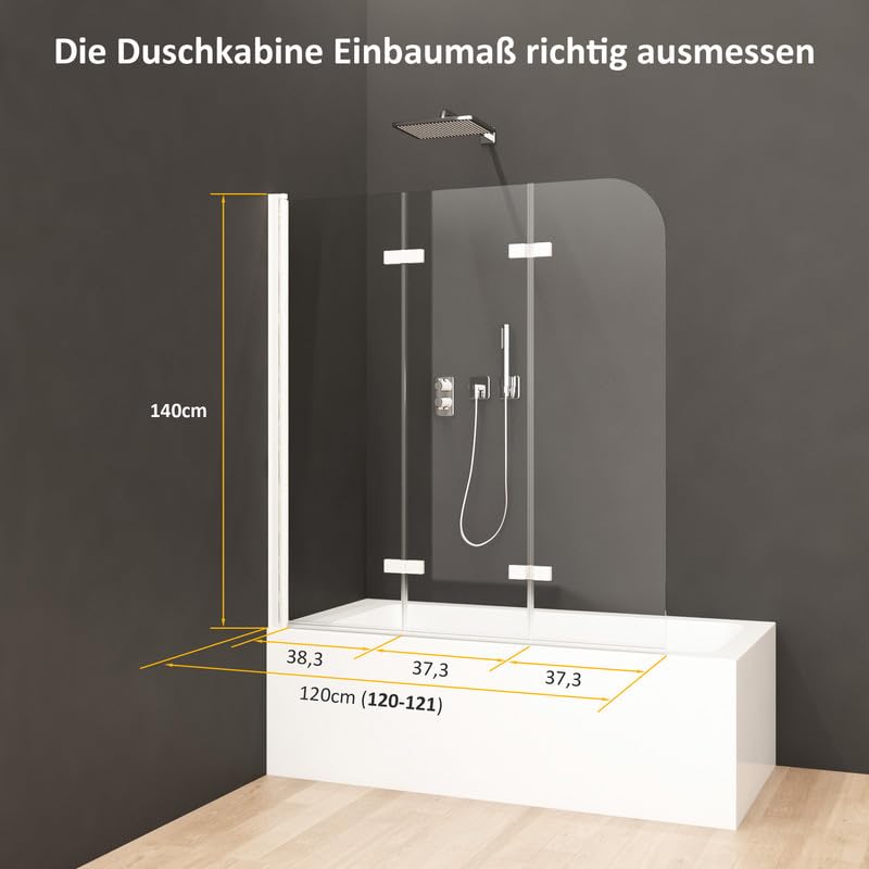 Goezes Duschwand für Badewanne 3-teilig 120x140cm Weiß Duschabtrennung, Faltbar Glas Duschtrennwand aus 6mm ESG Sicherheitsglas mit Nano beschichtung, Weiß Badewannenaufsatz Trennwand