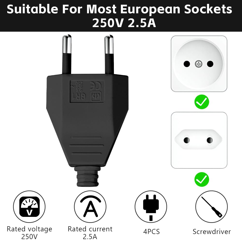 AXFEE 4 wtyczki euro, 250 V 2,5 A euro, płaskie wtyki euro, płaskie, z zestykiem ochronnym, wtyczka euro do kabla 8-10 mm, IP44, trwałe i odporne na pęknięcia (czarne)