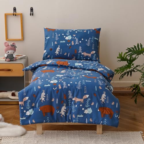 Image of Luxlovery Toddler Comforter Set Cartoon Bear Printed Kids Children Blue Bedding Set Bed Set for Dorm Kid's Bedroom 4 Pieces (1 Comforter, 1 Flat Sheet, 1 Fitted Sheet, 1 Pillowcase)