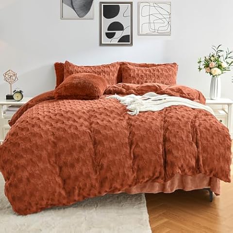 JOLLYVOGUE Faux Fur Duvet Cover Queen Size, Fluffy Rose Pattern Fleece Comforter Cover Sets, Ultra Soft & Warm Velvet Bedding Sets 3 Pieces, 1 Duvet Cover and 2 Pillow Shams, Orange Cover