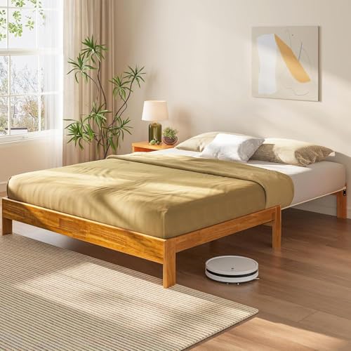 LINSY Wood Bed Frame Full Platform Bed, Retractable Bedframe with...