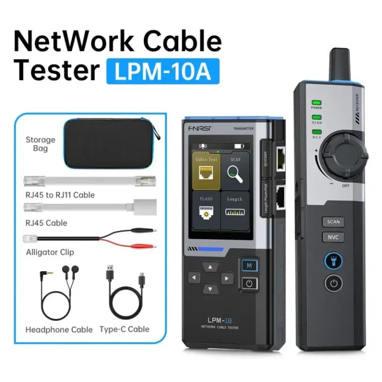 FNIRSI LPM10 Multifunktionaler Netzwerkkabel-Tester mit PoE, NCV und Tracking – Längenmessung, Wiremap RJ45/RJ11, 2,4 Zoll TFT Display – Professionelles Werkzeug für LAN und Netzwerk