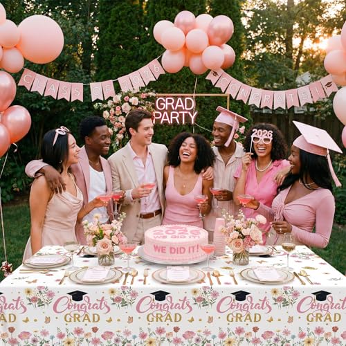 Image of Ganeen 3 Pcs Graduation Tablecloth Floral Class of 2026 Congrats Grad Table Cloths Pink Disposable Plastic Rectangle Table Cover for 2026 Graduation Decorations Grad Party Supplies, 54 x 108 Inch