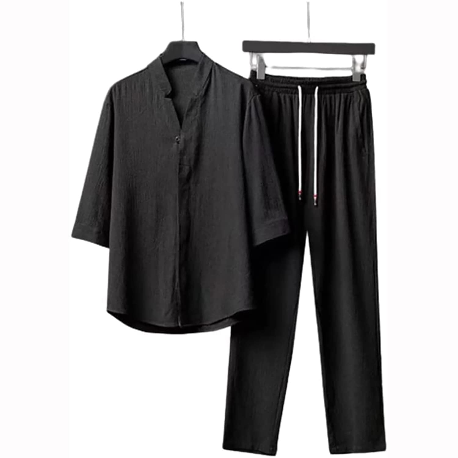 LULAND Conjunto de 2 Piezas de Lino para Hombre, Trajes de Vacaciones de Playa de Verano, Camisa de Manga Corta con Botones Informales, Conjuntos de Pantalones Largos Sueltos