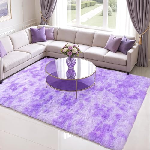Zentavio Large Area Rugs for Living Room Purple Rugs for Girls Room 9x12 Carpet for Bedroom Washable Soft Fluffy Shag Aesthetic Plush High Pile Throw Rug for Nursery Kids Room Dorm Room Tie-Dyed