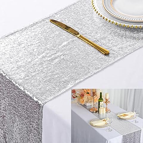 ShinyBeauty Sparkly Silver Sequin Table Runner Cover