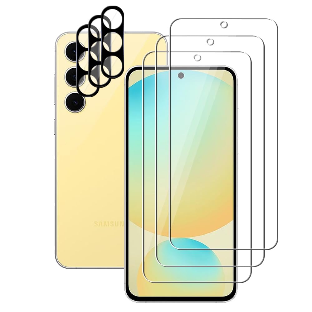 UZWZW (3+3) For Samsung Galaxy S24 FE 5G (3 Pack) Tempered Glass Screen Protector and (3 Pack) Camera Lens Protector, 9H Hardness, 2.5D, Anti Scratch, HD Clear