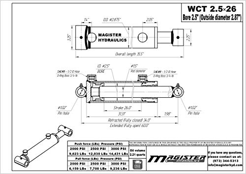Image of Magister Hydraulic Cylinder 2.5 inch Bore x 26 inch Stroke, Welded Hydraulic Ram with Cross Tube Ends, Double Acting Hydraulic Piston 3500 PSI (WCT 2.5x26)