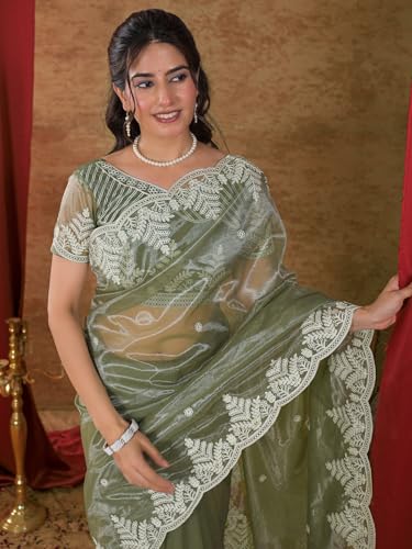 Image of Satrani Women's Net Embroidery Saree with Unstitched Blouse Piece
