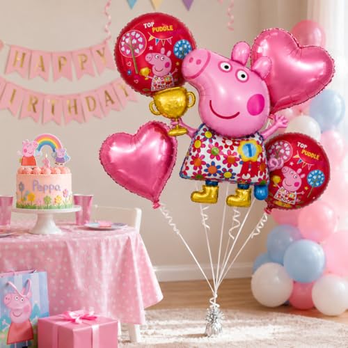 Image of Wanna Party Cute Pink Pig Floral Print Balloon Bouquet Set - 5PC Foil Balloon Decoration, Helium Supported for Kids Birthday, Farm Theme Party, Cake Table & Photo Booth Decor
