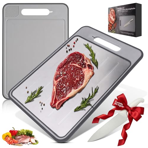 Tabla Descongelación Rápida, Tabla para Descongelar Alimentos (4 en 1) Descongelar, Cortar, Rallar, Afilador de Cuchillos, Tabla Descongelante, Bandeja De Descongelación Rápida (Incluye Cuchillo)