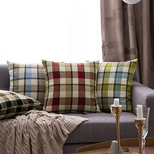 Miulee Pack Of 2 Decorative Pillow Covers Checkered Plaids Tartan Pillowcases Linen Rustic Farmhouse Square For Decor Bench Sofa Couch Car Bedroom Red And Tan 18X18 Inch #TOP4