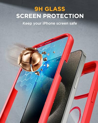 Image of Miracase Magnetic for iPhone 15 Pro Max Case 6.7'' [Compatible with Magsafe] Full-Body Military Drop Proof for iPhone 15 ProMax Case with Built-in 9H Tempered Glass Screen Protector,Red