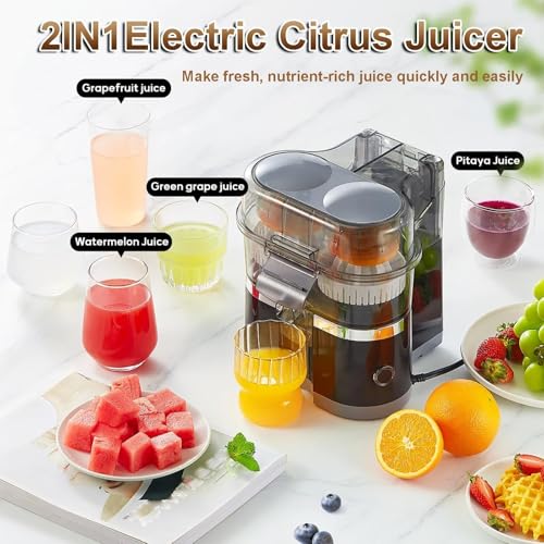 Exprimidor eléctrico Negro de cítricos, 90 W, 18000 RPM, Doble prensado, Capacidad de 400 ml, Apto para lavavajillas, Sistema antigoteo, exprimidor de Naranjas y Limones de Alto Rendimiento.