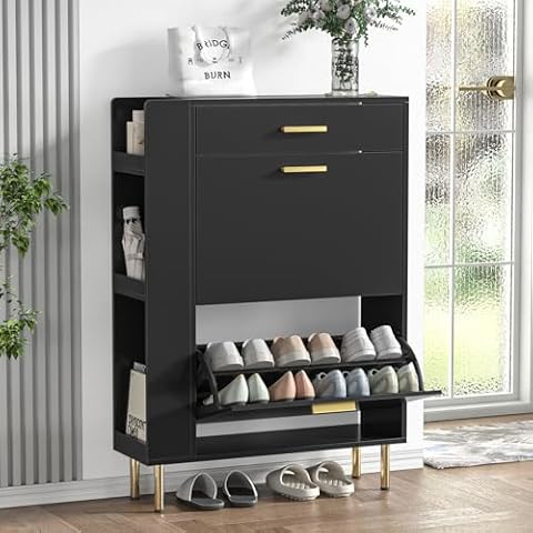 Anmytek Black Shoe Cabinet with 2 Flip Drawers, Modern Freestanding Shoe Rack Storage Organizer Cabinet with Drawers, Narrow Shoe Rack Cabinet for Entryway Hallway Cover