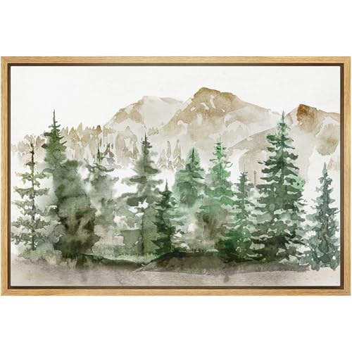 Image of wall26 Framed Canvas Print Wall Art Woodland Nursery Decor Watercolor Mountain Forest Landscape Nature Wilderness Illustrations Modern Rustic Scenic for Living Room, Bedroom, Office - 16x24 Natural