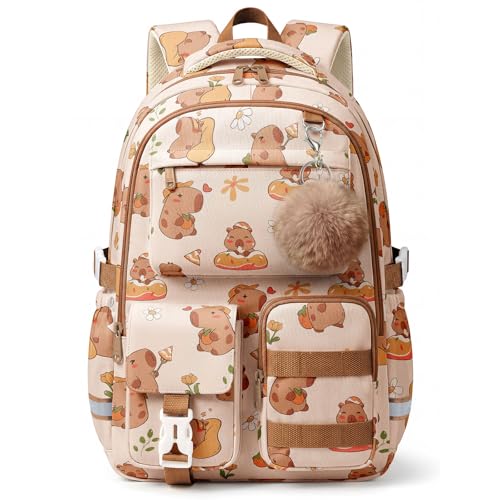 WOBAGMEN Cute Capybara Backpack for Teen Girls Large Capacity Multi-Pocket School Bag Fits 15.6 Laptop Lightweight Durable Daypack for School and Travel (Capybara M)
