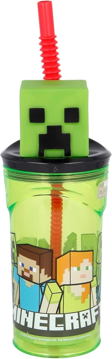 Minecraft 3D Kids Cup with Straw โ 360ml Reusable Tumbler โ BPA-Free Plastic Character Bottle for School, Lunchbox, Playtime โ Perfect Gaming Gift for Children