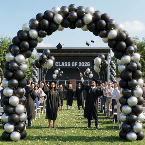 Image of Black and Silver Balloons Arch Kit,130pcs Metallic Black Balloons Garland,Different Sizes Metallic Silver Latex Balloons for Birthday Engagement Baby Shower Wedding Graduation Party Decorations