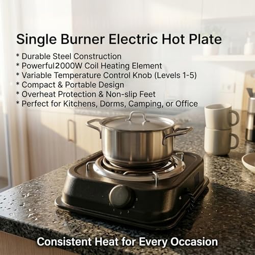 Image of Exxelo 10 Year Warranty Portable Electric Coil Hot Plate Single Burner with Adjustable Temperature Control, Compact Cooking Stove, Durable Metal Body, Ideal for Kitchen, Office & Travel Use