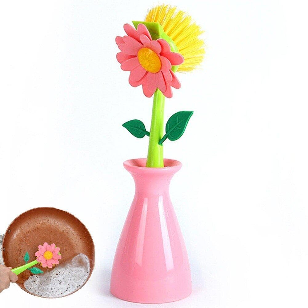 Fituenly Pink Flower Shape Cleaning Brush Removable Handle Brush Kitchen Bathroom Brush Bowl Dish Pot Cleaning Brush