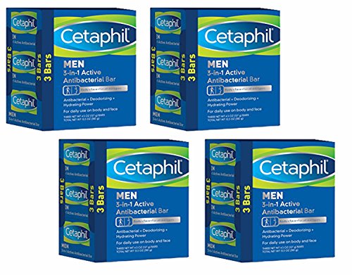 Cetaphil Men 3-in-1 Active Antibacterial Bars, 13.5 Ounce (Pack of 4)