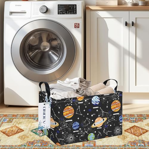 Image of Rectangular Planet Laundry Storage Bin for Adults and Kids | Damp resistant canvas fabric, sturdy stitched carry handles, foldable design organizes closet and playroom daily supplies
