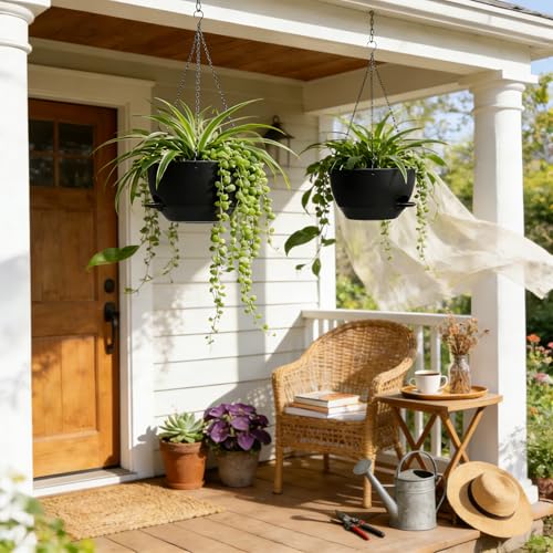 UOUZ 13 Inch 2 Pack Large Self Watering Hanging Planters for Indoor Outdoor Plants, Hanging Plant Pots with Removable 50 Oz Reservoir, Plastic Hanging Basket for Window Porch Garden Balcony, Black - Image 3